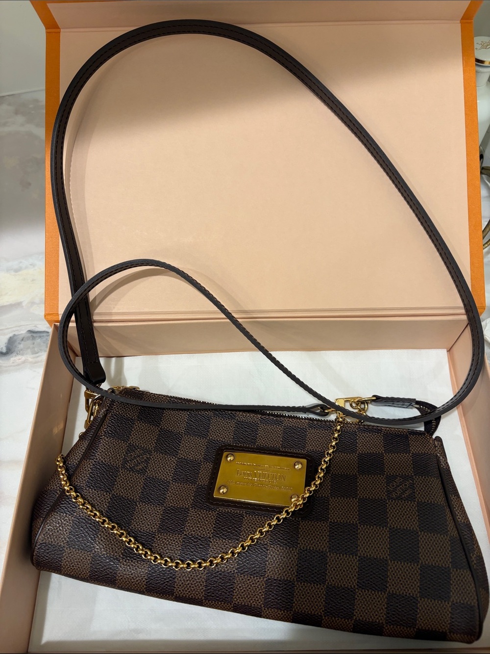 Louis Vuitton  Brown Checker Crossbody Bag with Gold Chain